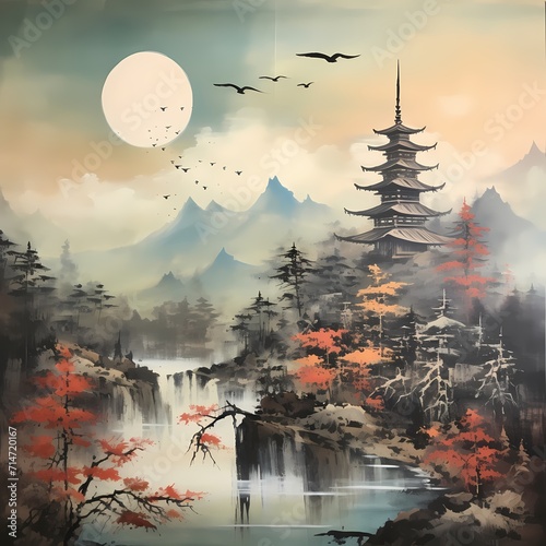 Japanese pagoda mountain vintage painting in traditional style 