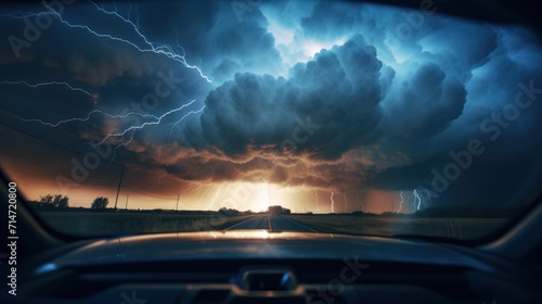 View from a car outside bright lightning strike in a thunderstorm at night.