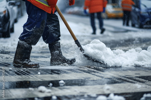 Worker cleans the road from snow with a shovel in the city