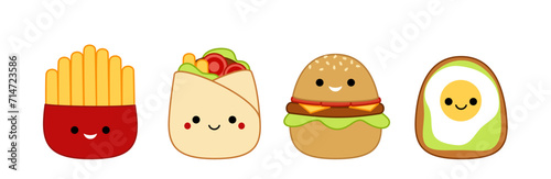 Fast food. French fries, doner kebab, cheeseburger, sandwich, burger. Squishmallow. Kawaii, vector