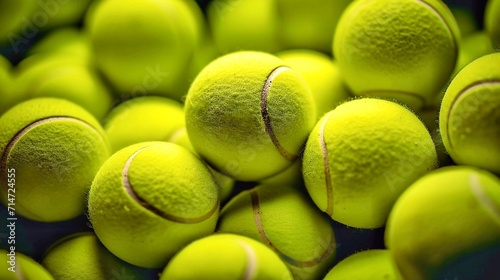 Tennis balls background after the game. Close up view of green tennis balls.