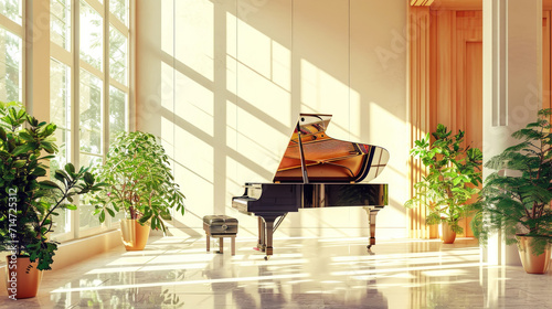 Classic grand piano in aesthetic minimalist style room interior full of light. Peach fizz colour palette. Generative AI