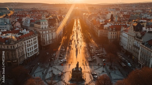 Aerial view of beautiful historical buildings of Prague city at sunrise in Czech Republic in Europe.