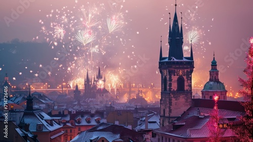 Fireworks show with beautiful historical buildings of Prague city in Czech Republic in Europe.