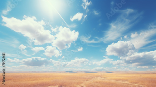 Blue sky and cloud with meadow tree. Plain landscape background for summer poster. Generate AI