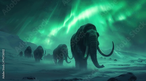 A group of mammoth walking in snow field with beautiful northern lights in freezing winter.
