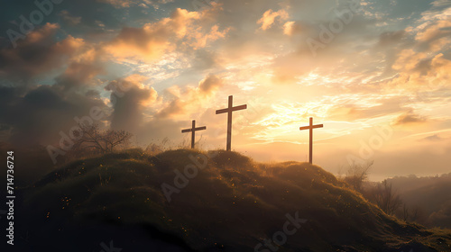 three cross on the hill with red sky hill of calvary christianity golgotha hill catholic place