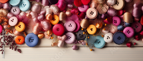 Buttons And Threads Of Various Colors Lie On The Table. Generative AI 