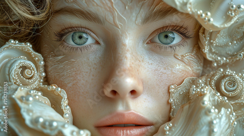 Captivating image a close up woman's face decorated with shell and pearls. Surrealistic artwork. The intricate details, and utilize soft lighting. The magical and dreamlike ambiance.