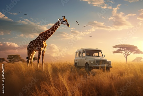 Giraffe and classic safari vehicle amidst a serene savannah sunset, with acacia trees and birds flying in the warm sky.
