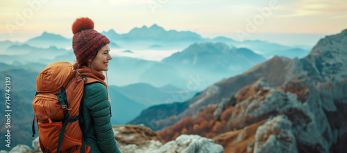 Mountain Trail Joy. Smiling woman with backpack hiking in mountains.