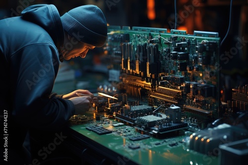 A skilled technician in crisp engineering attire meticulously works on a complex circuit inside, surrounded by electronic equipment, fully immersed in the world of electronics and technology