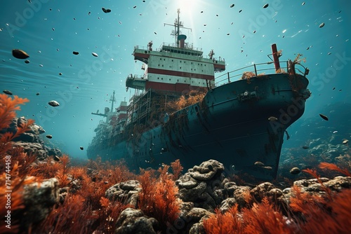 Amidst the vibrant coral reef, a sunken ship beckons to adventurous divers, revealing a stunning underwater world teeming with marine life