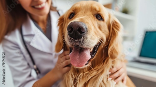 Woman in White Lab Coat Petting Golden Retriever at Laboratory
