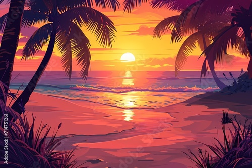 beach at sunset with cartoon background