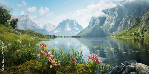 Wunderschöne grüne Landschaft mit Bergen Schnee und einem See, ai generativ