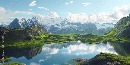 Wunderschöne grüne Landschaft mit Bergen Schnee und einem See, ai generativ