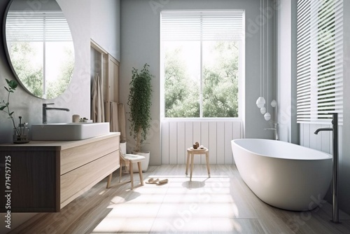 Bright bathroom with a spacious window, illuminated by natural light. Generative AI