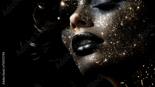 Gros plan sur le visage d'une jeune femme maquillée, avec des paillettes, sur fond noir. Paillettes scintillantes et dorées. Maquillage, beauté, mode. Pour conception et création graphique.