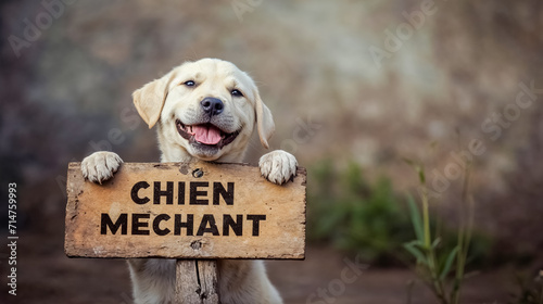 un adorable bébé labrador et un panneau avec le texte "CHIEN MECHANT"