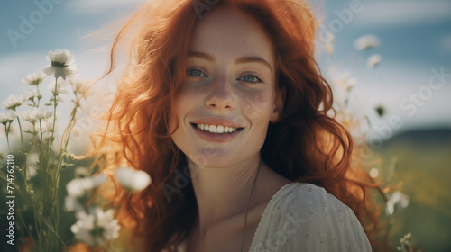 Bellissima ragazza con capelli ricci rossi in un prato pieno di fiori in primavera