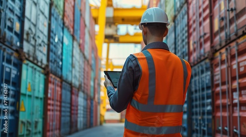 A male worker using a tablet works in a seaport container yard warehouse. Container warehouse inspection. Freight transport Import and export. Logistics business for the delivery of goods by sea.