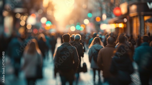 Blurred motion of people moving on a busy city street. Created with Generative Ai technology.
