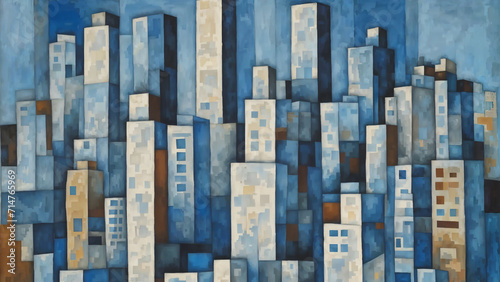 Skyscrapers, cityscape, cubism oil painting