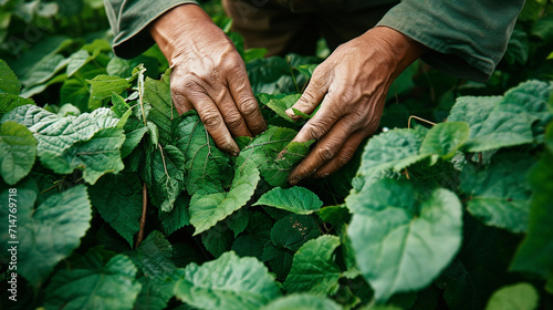 A farmer carefully harvests ripe mulberry leaves, a crucial component in the diet of silkworms. The juxtaposition of human hands and natural elements showcases the symbiotic relati