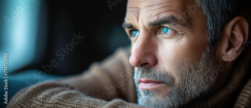 Contemplative Mature Man with Striking Blue Eyes Gazing Outward, Thoughts Unspoken