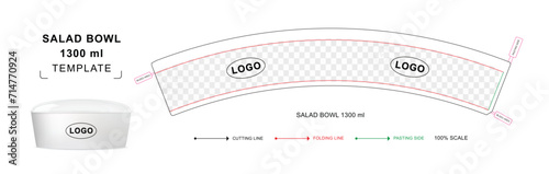 Salad Bowl container die cut template for 1300 ml with 3D blank vector mockup