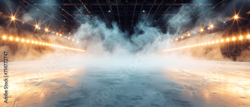 Ice Rink Background. Professional Arena illuminated neon lights, spotlights with smoke. Copyspace. Winter poster for hockey competitions. Ice skating. Stadium. Generative ai