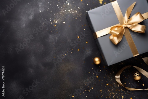 a black gift with a gold ribbon on a black background