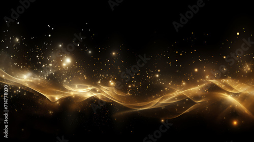 Waves of shimmering gold particles with wave-like shapes. Isolated on a black background. Created with Generative AI.