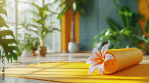 Gym interior with a yellow bamboo yoga mat, monstera tropical flower, no people. Copy space