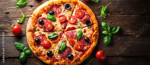 Top view of a pizza with tomato, salami, and olives, sliced.