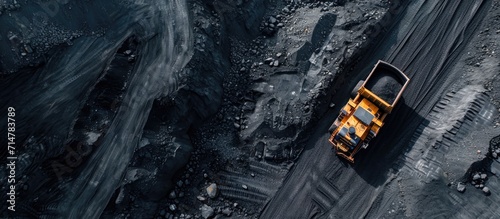 Aerial view of coal loading in open pit mine.
