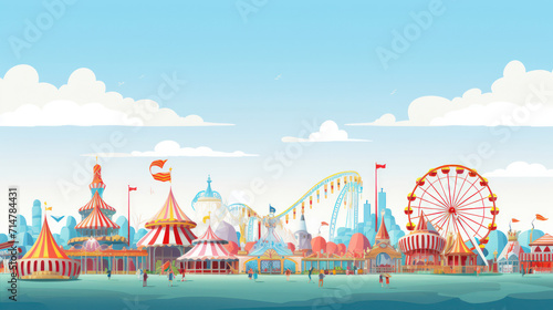 Joyful Festival of Fantasy: A Whimsical Carnival Carousel in the Amusement Park, with Colorful Balloons, a Big Top Tent, and a Vibrant Cityscape Background