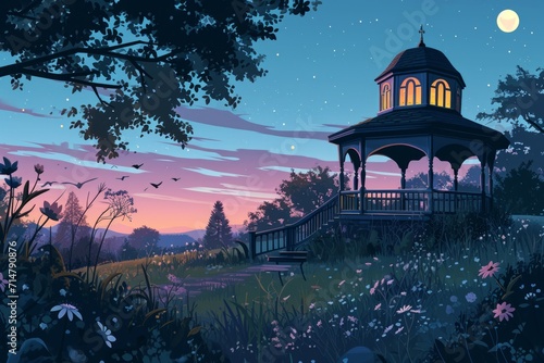 Serene twilight gazebos, offering peaceful refuge in the hour between day and night - Generative AI