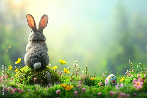 mockup easter egg and chubby cute bunny on green meadow