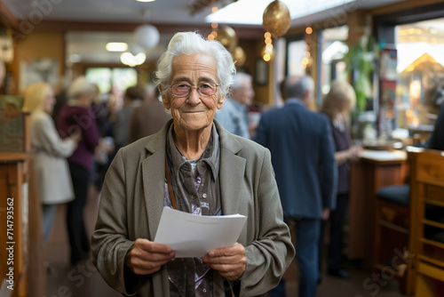 A middle-aged woman owner and manager of a nursing home holds documents in her hand. Elderly people are seen in the background.