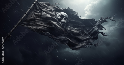 Piratenflagge gefährlicher Totenkopf, Freibeuter der Meere, Jolly Rogers auf einer Fahne