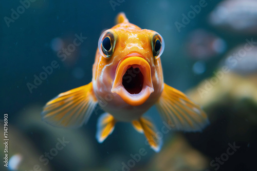The image is of a fish with a face, likely underwater. The fish appears to be a marine organism and may be found in an aquarium or coral reef.