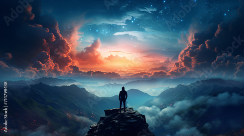 A man gazes at a majestic mountain view, captivated by the breathtaking scenery. The image reflects the awe-inspiring connection between humanity and the beauty of nature.