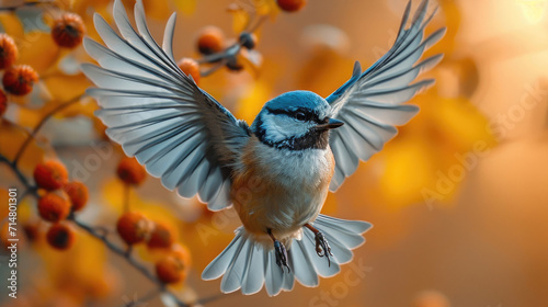 Vibrant Blue Tit spreading wings mid-flight in autumn ambiance