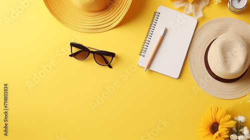 planning summer holidays trip and vacation on yellow background