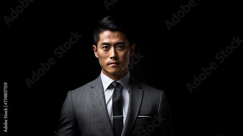Asian Businessman Is Posing In Front Of A Black Background 