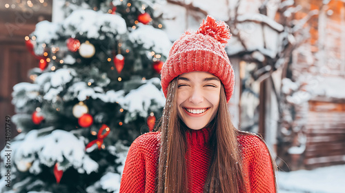 Menina usando gorro e blusa vermelho na neve - Tema natalino 