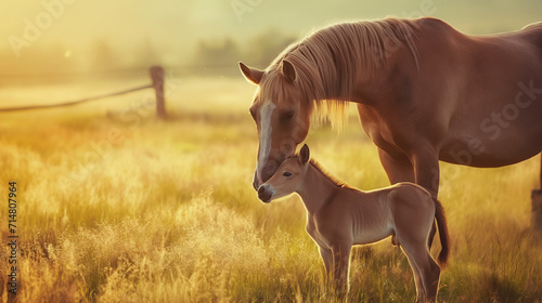 Cavalo bege e seu filhote no campo