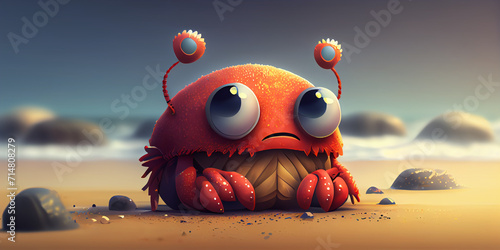 Character, cartoon crab on the sandy beach. Abstract illustration.